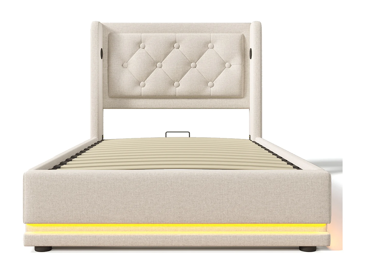 Lit coffre 90x200 cm - lit capitonné avec recharge USB Type-C et lumière LED - coton - beige - sans matelas