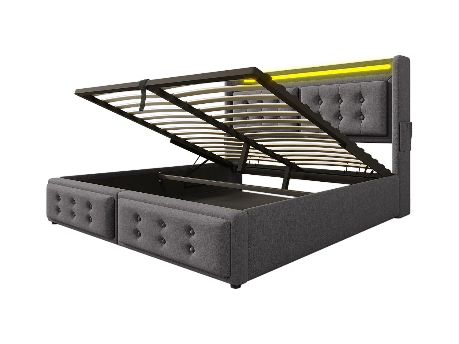 Lit coffre 160x200 cm - lit capitonné avec tête de lit LED et fonction de charge USB C - coton - gris - sans matelas