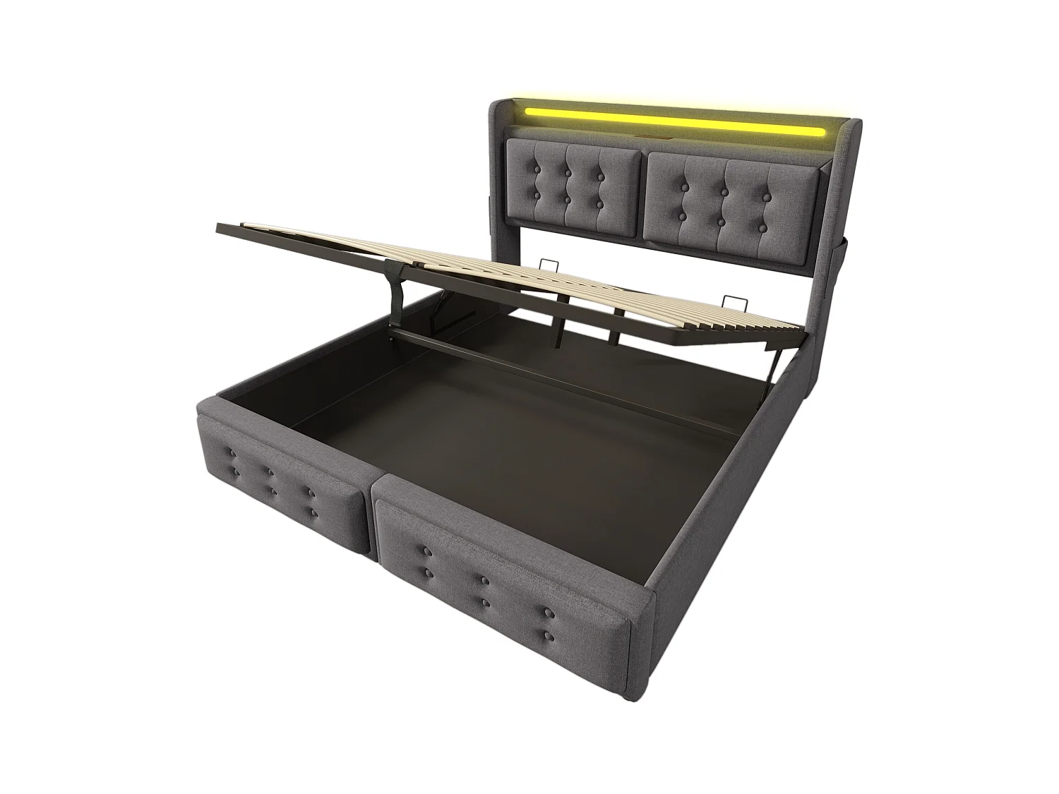 Lit coffre 160x200 cm - lit capitonné avec tête de lit LED et fonction de charge USB C - coton - gris - sans matelas