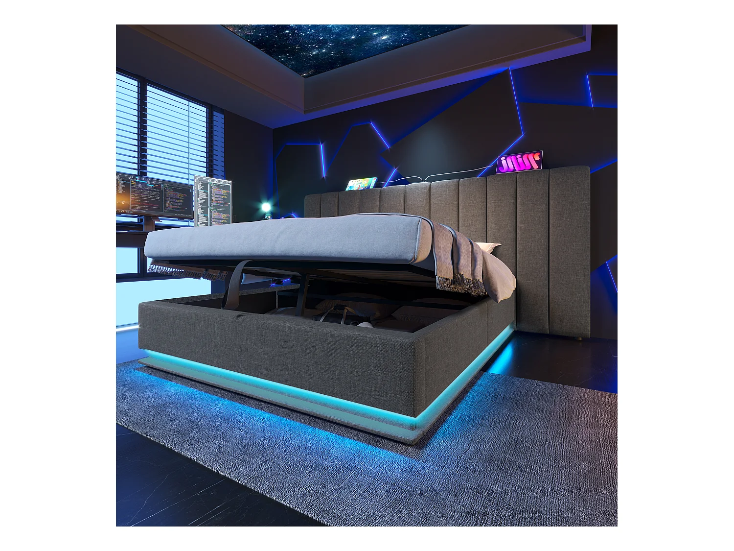 Lit coffre 180x200 cm - lit capitonné double avec LED et fonction de charge USB-C - lin - gris - sans matelas ni chevets