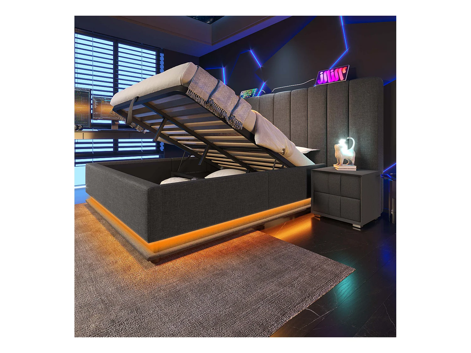 Lit coffre 180x200 cm - lit capitonné double avec LED et fonction de charge USB-C - lin - gris - sans matelas ni chevets