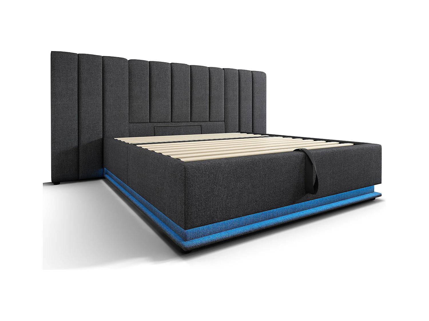 Lit coffre 180x200 cm - lit capitonné double avec LED et fonction de charge USB-C - lin - gris - sans matelas ni chevets