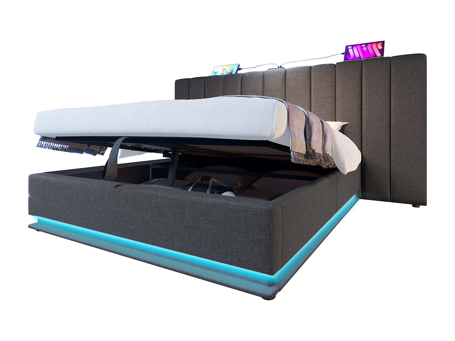Lit coffre 180x200 cm - lit capitonné double avec LED et fonction de charge USB-C - lin - gris - sans matelas ni chevets