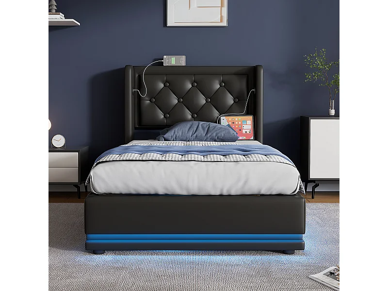Lit coffre 90x200 cm - Lit simple capitonné avec fonction de chargement USB Type-C et fonction LED sur trois côtés - PU - noir - sans matelas