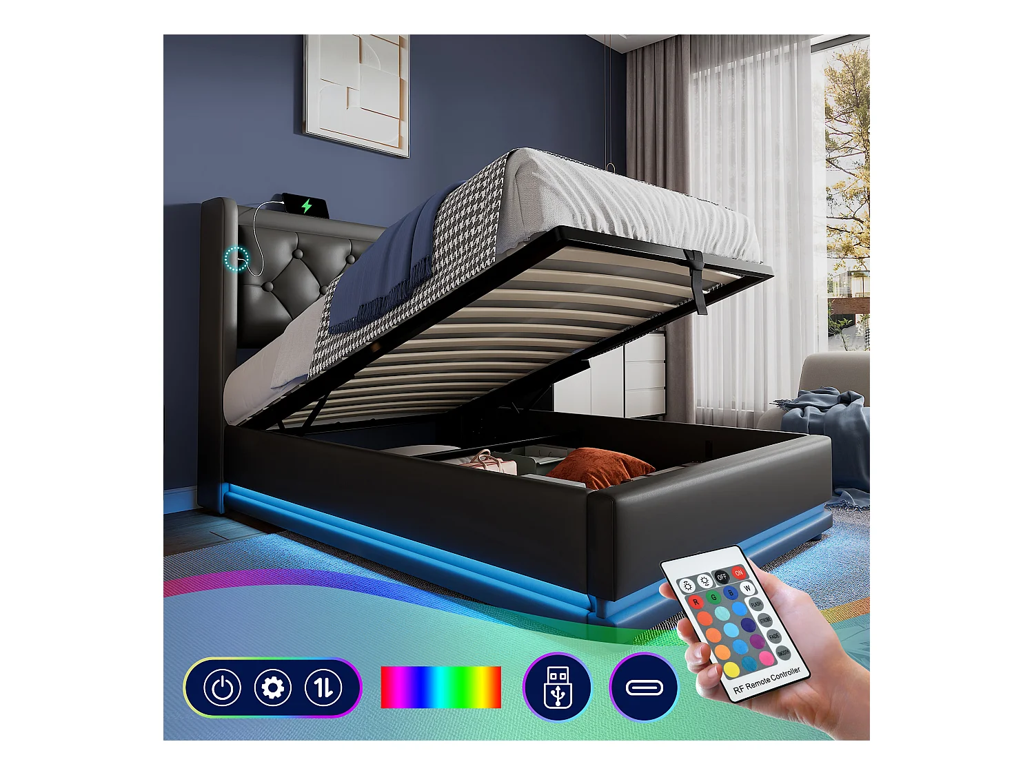 Lit coffre 90x200 cm - Lit simple capitonné avec fonction de chargement USB Type-C et fonction LED sur trois côtés - PU - noir - sans matelas