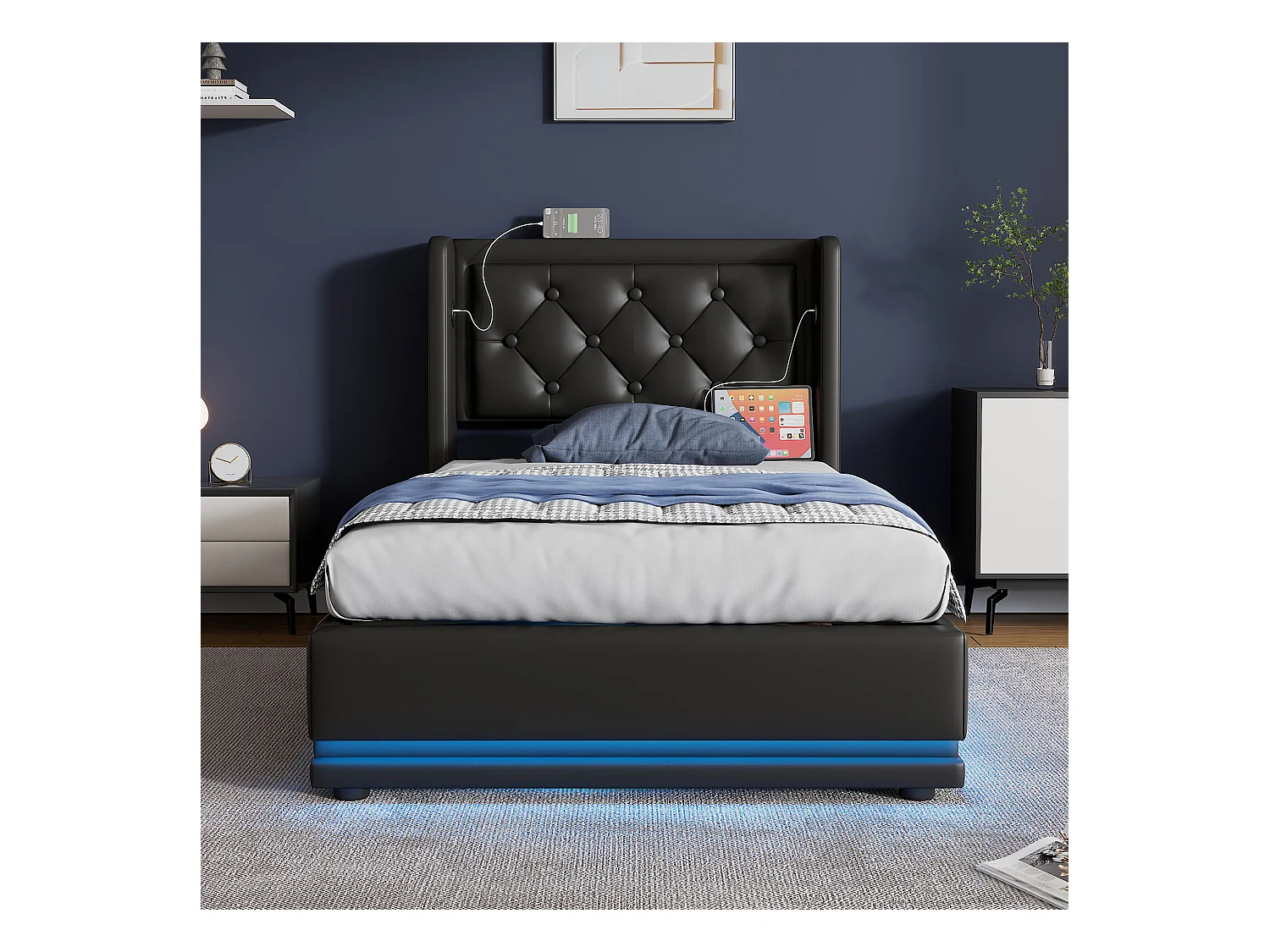 Lit coffre 90x200 cm - Lit simple capitonné avec fonction de chargement USB Type-C et fonction LED sur trois côtés - PU - noir - sans matelas