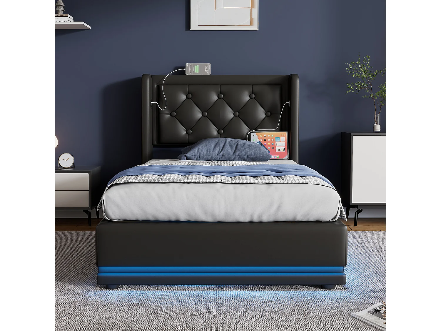 Lit coffre 90x200 cm - Lit simple capitonné avec fonction de chargement USB Type-C et fonction LED sur trois côtés - PU - noir - sans matelas