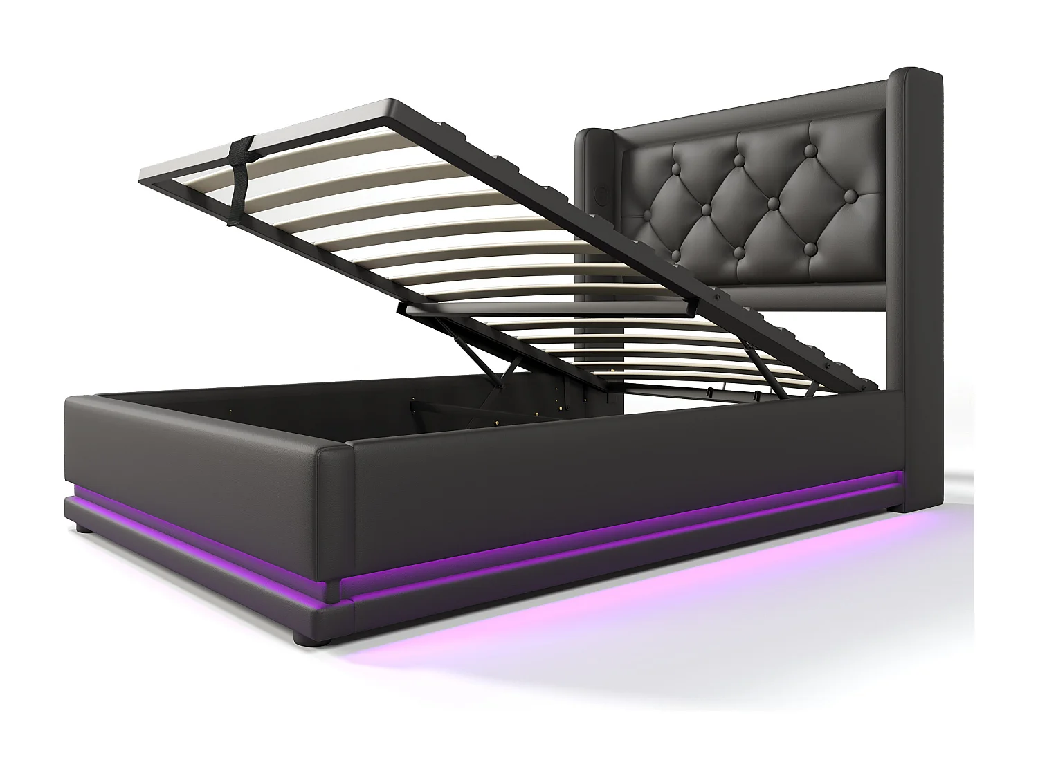 Lit coffre 90x200 cm - Lit simple capitonné avec fonction de chargement USB Type-C et fonction LED sur trois côtés - PU - noir - sans matelas