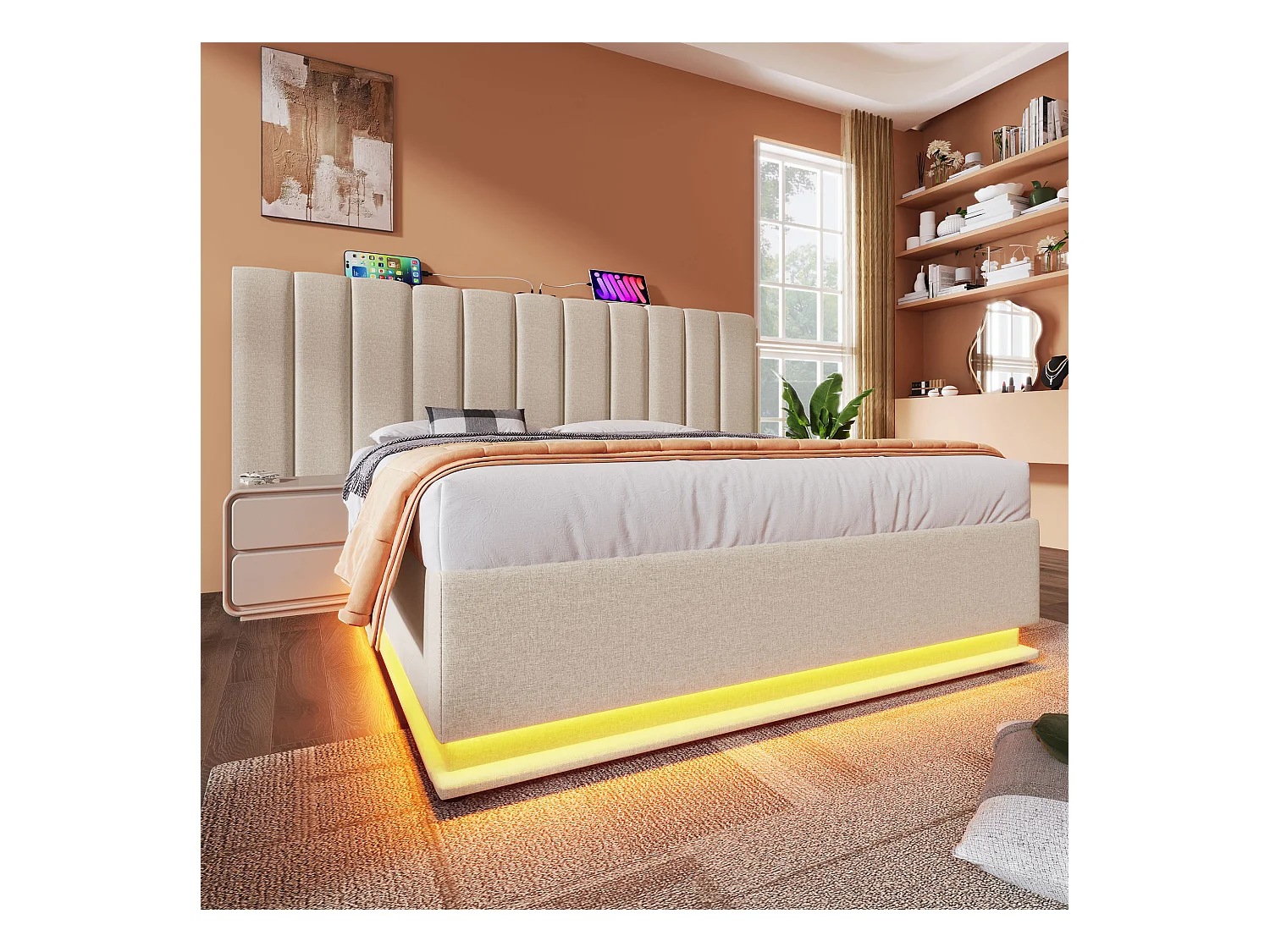 Lit coffre 180x200 cm - lit capitonné double avec LED et fonction de charge USB-C - lin - beige - sans matelas ni chevets