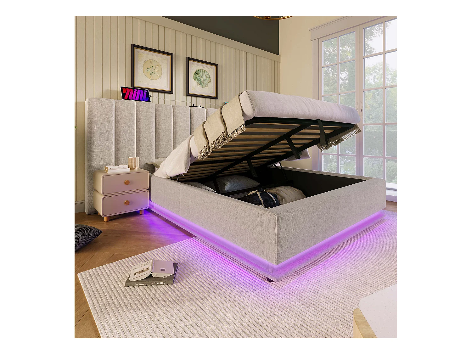 Lit coffre 180x200 cm - lit capitonné double avec LED et fonction de charge USB-C - lin - beige - sans matelas ni chevets