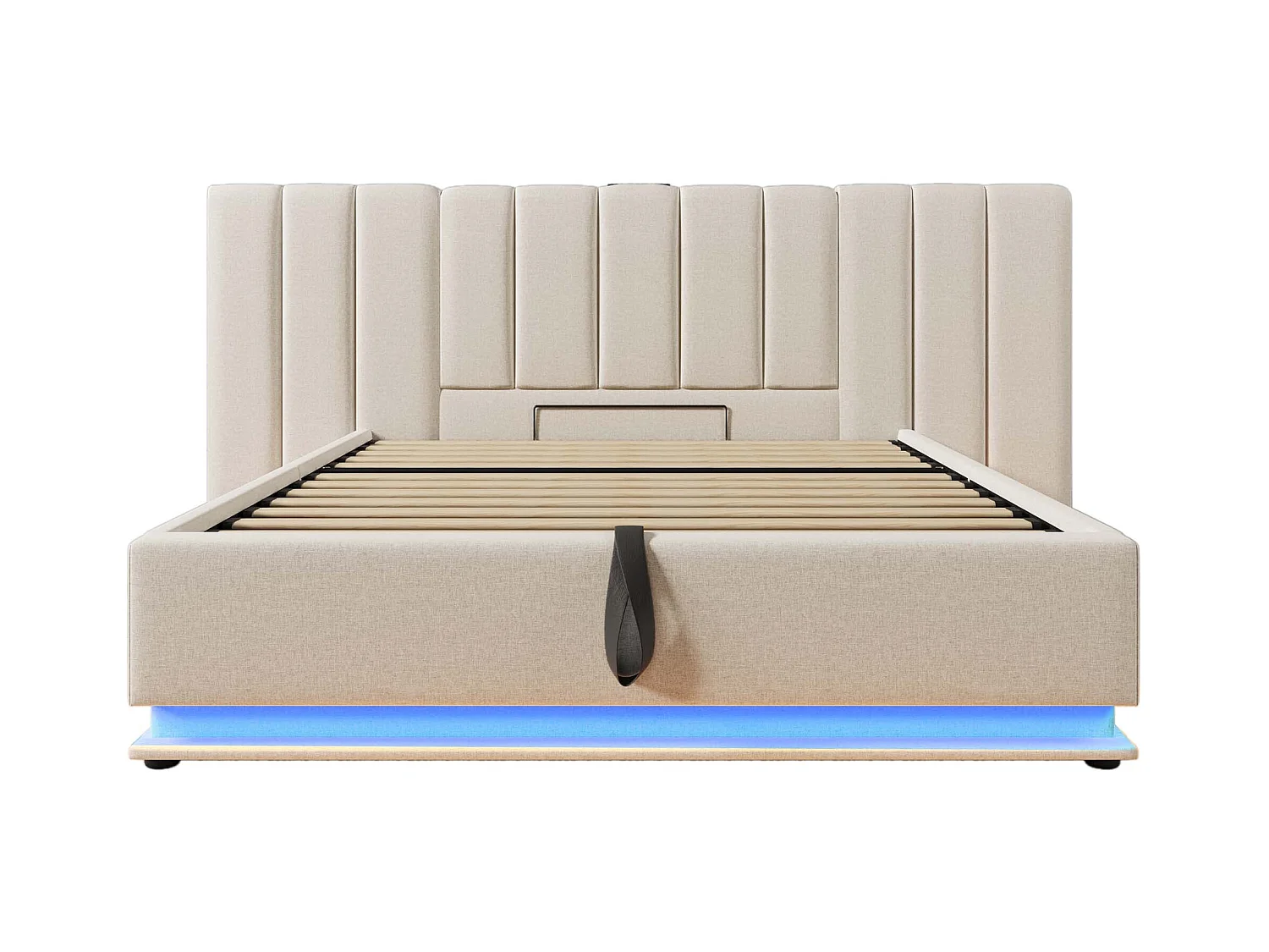 Lit coffre 180x200 cm - lit capitonné double avec LED et fonction de charge USB-C - lin - beige - sans matelas ni chevets