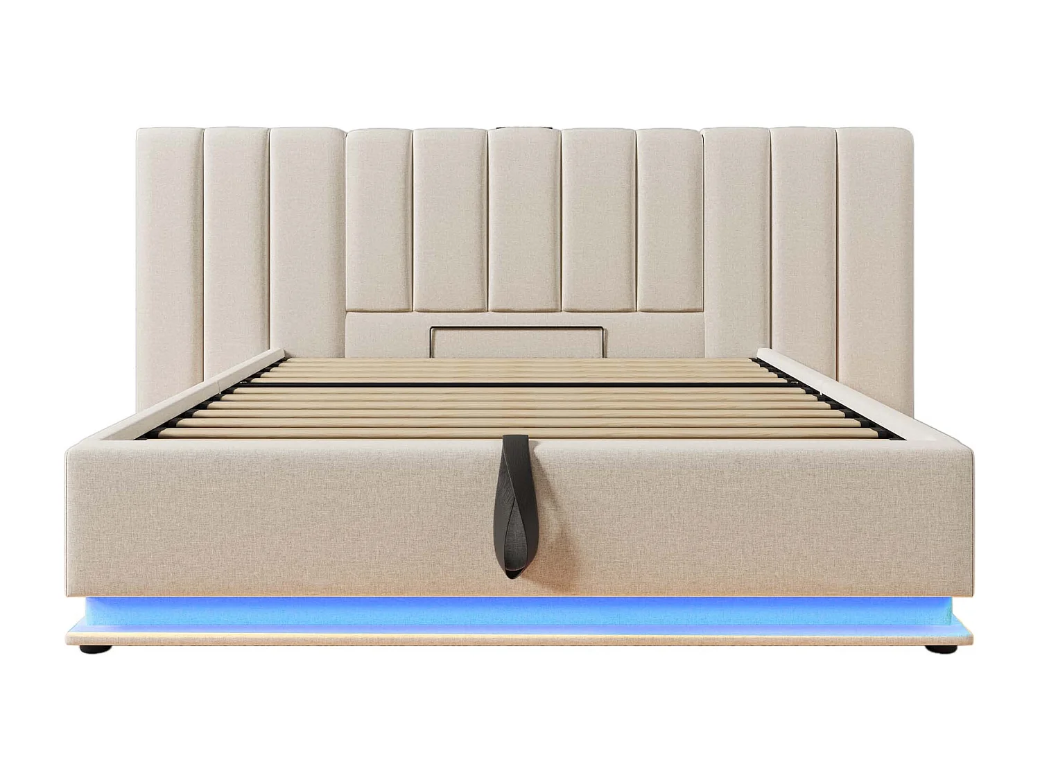 Lit coffre 180x200 cm - lit capitonné double avec LED et fonction de charge USB-C - lin - beige - sans matelas ni chevets