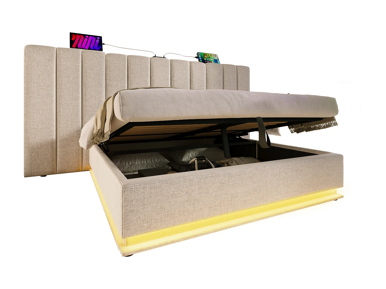 Lit coffre 180x200 cm - lit capitonné double avec LED et fonction de charge USB-C - lin - beige - sans matelas ni chevets