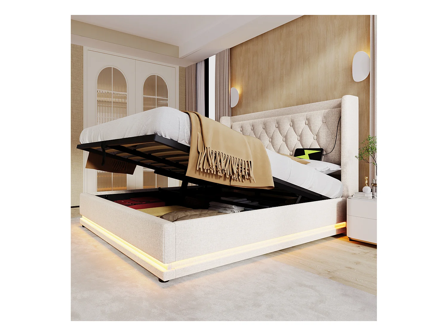 Lit coffre 160x200 cm - lit capitonné avec recharge USB Type-C et lumière LED - coton - beige - sans matelas