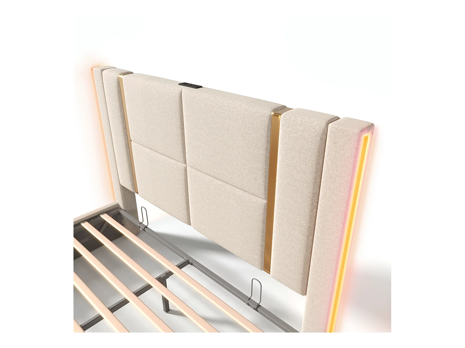 Lit coffre 160x200 cm - lit adulte avec chargement USB Type C et LED - lin - beige - sans matelas