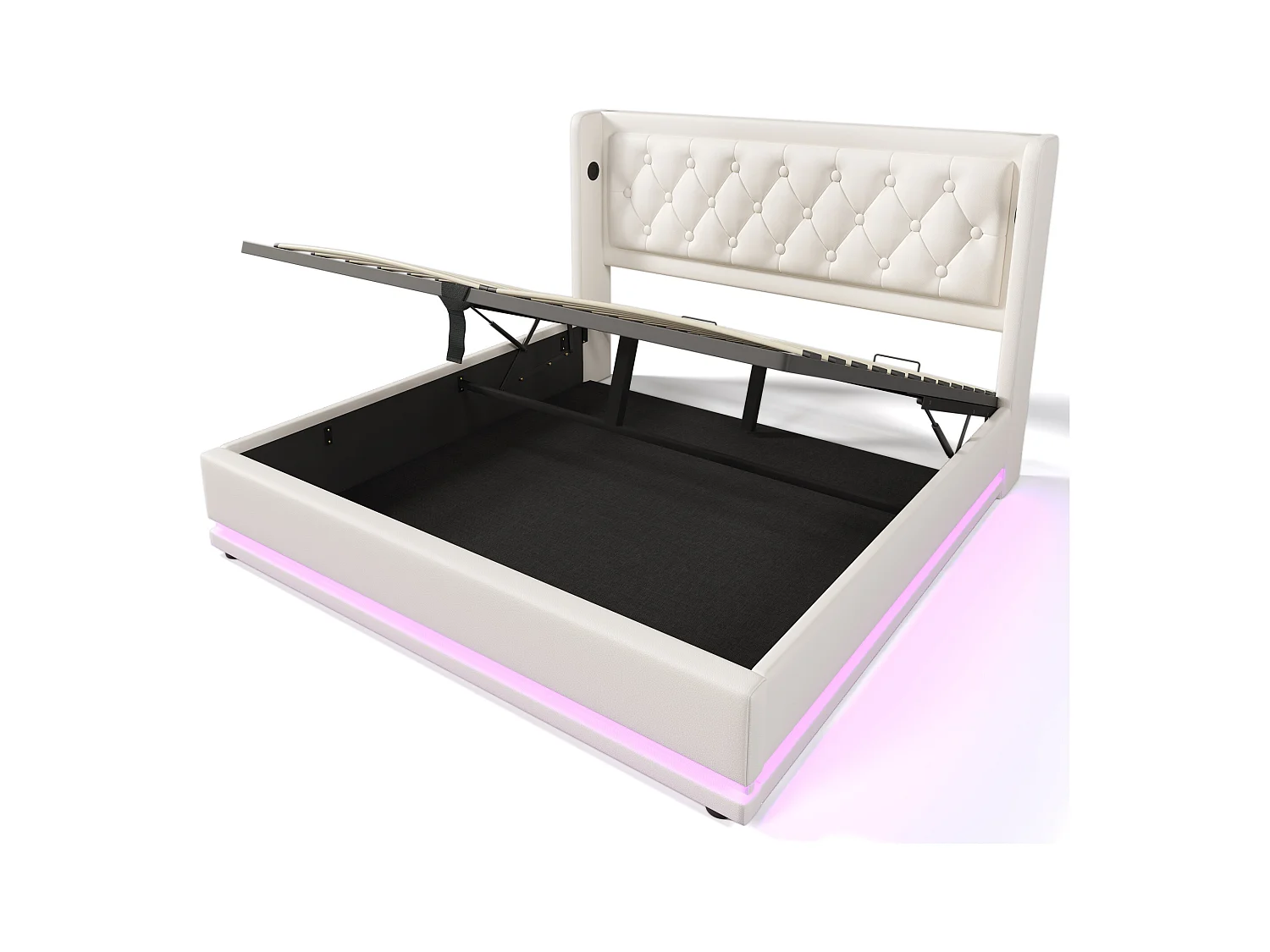 Lit coffre 160x200 cm - Lit double capitonné avec fonction de chargement USB Type-C et fonction LED sur trois côtés - PU - blanc - sans matelas