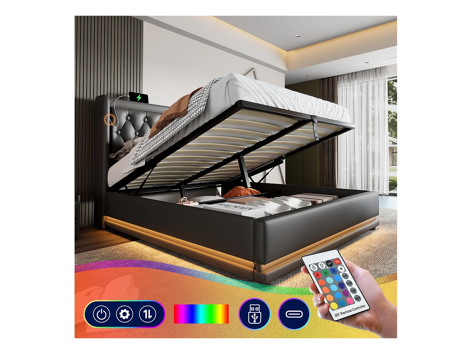 Lit coffre 180x200 cm - Lit double capitonné avec fonction de chargement USB Type-C et fonction LED sur trois côtés - PU - noir - sans matelas