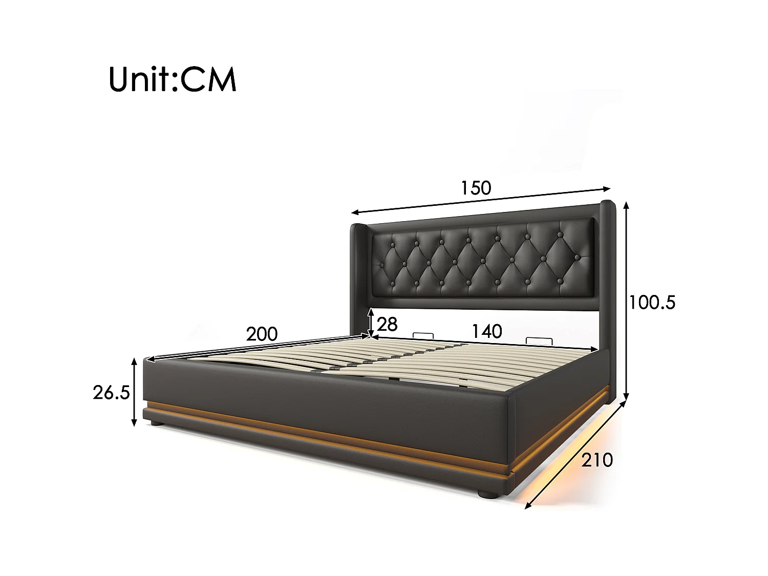 Lit coffre 140x200 cm - Lit double capitonné avec fonction de chargement USB Type-C et fonction LED sur trois côtés - PU - noir - sans matelas