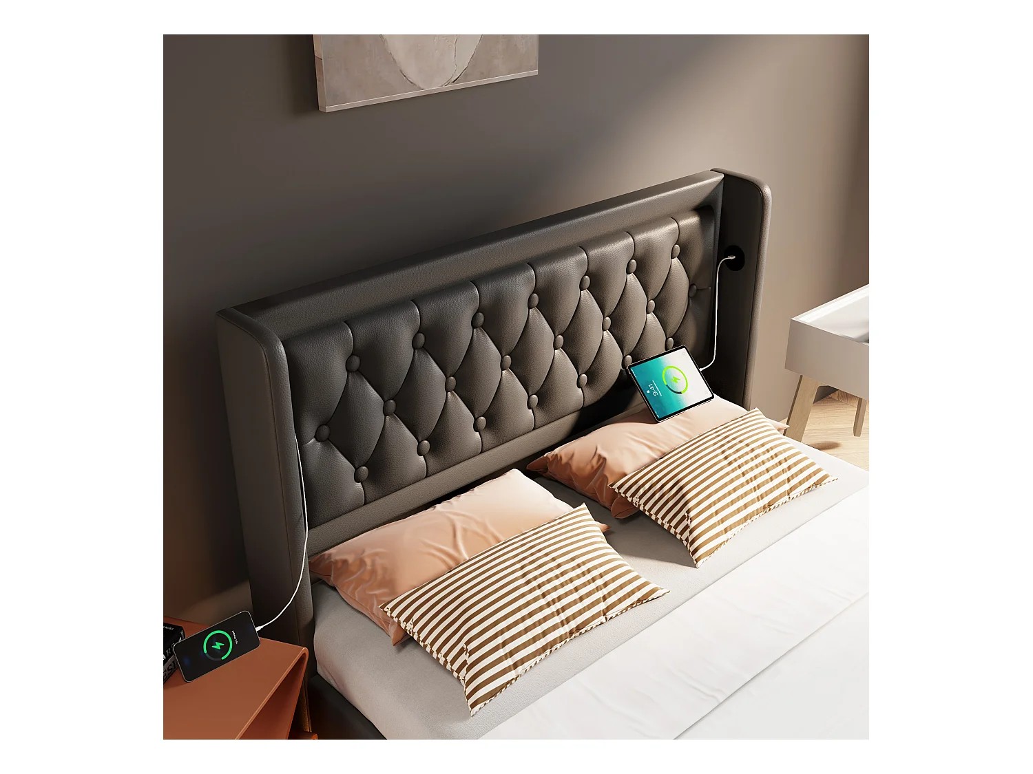 Lit coffre 140x200 cm - Lit double capitonné avec fonction de chargement USB Type-C et fonction LED sur trois côtés - PU - noir - sans matelas