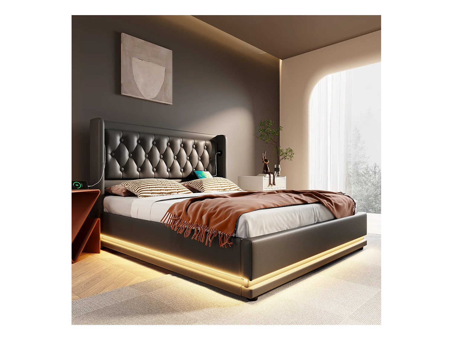 Lit coffre 140x200 cm - Lit simple capitonné avec fonction de chargement USB Type-C et fonction LED sur trois côtés - PU - noir - sans matelas