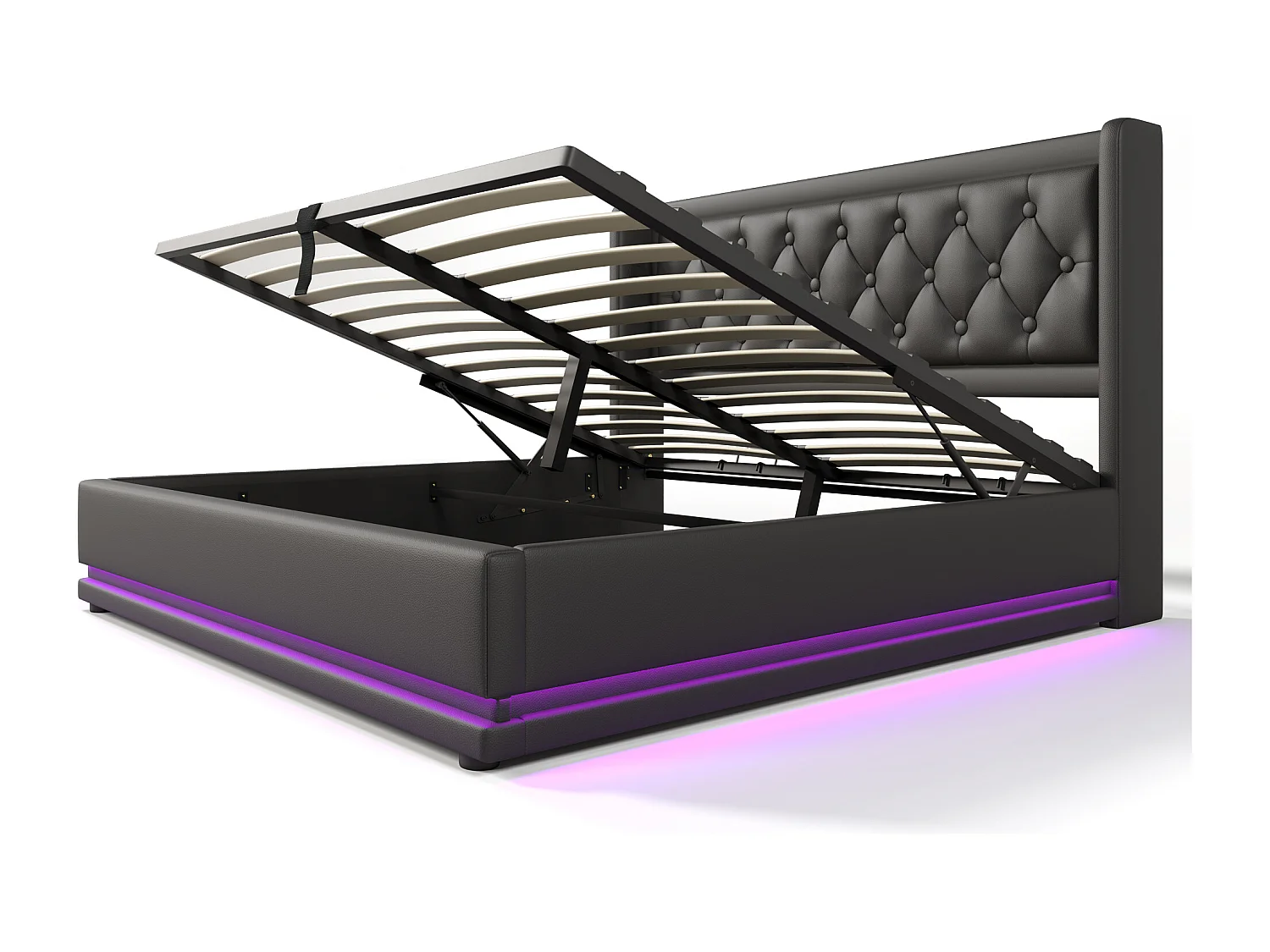 Lit coffre 140x200 cm - Lit double capitonné avec fonction de chargement USB Type-C et fonction LED sur trois côtés - PU - noir - sans matelas