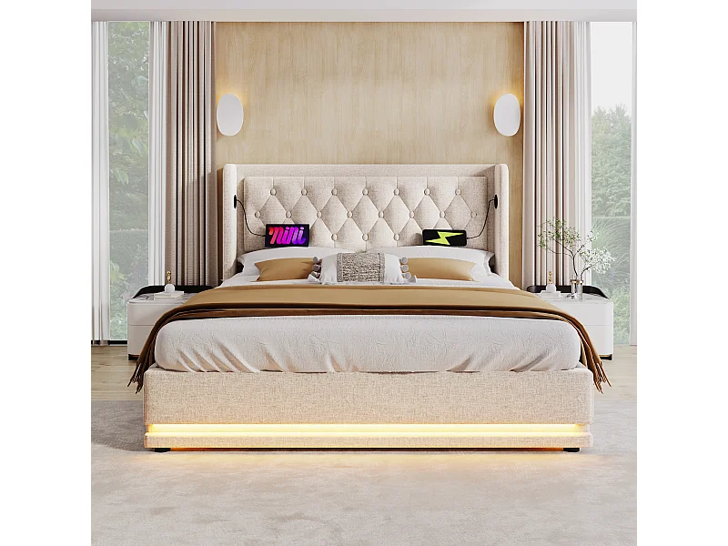 Lit coffre 180x200 cm - lit capitonné avec recharge USB Type-C et lumière LED - coton - beige - sans matelas