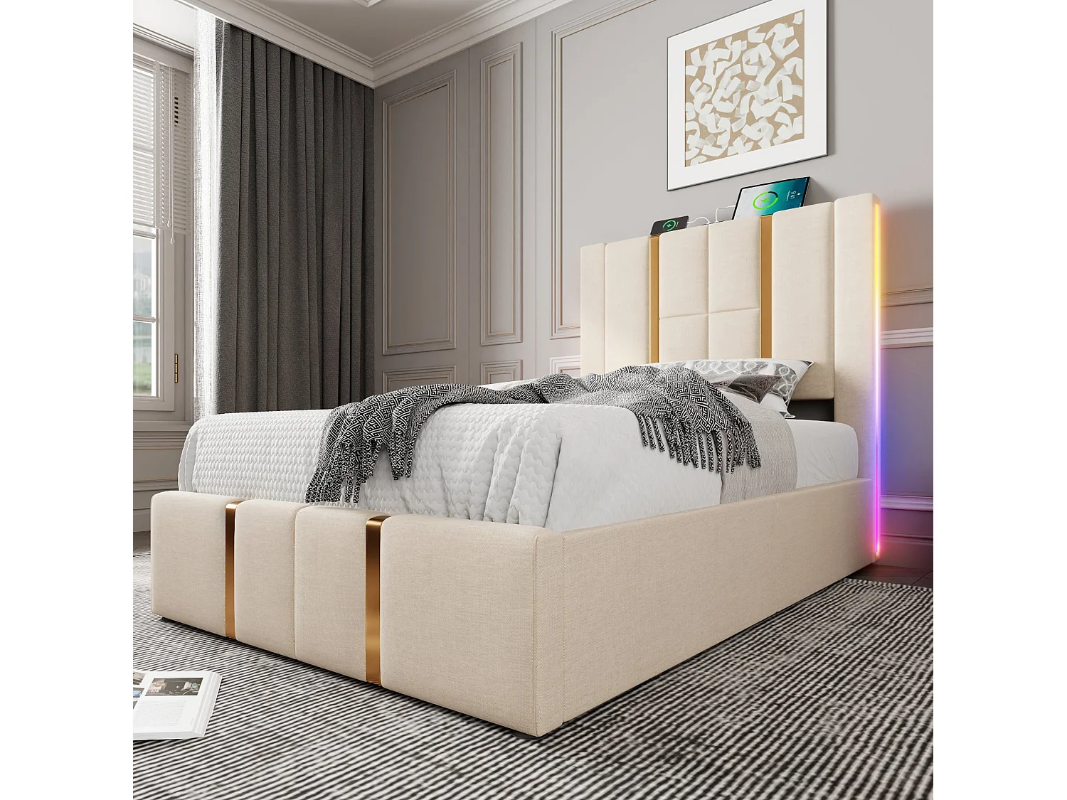 Lit coffre 90x200 cm - lit ado avec chargement USB Type C et LED - lin - beige - sans matelas