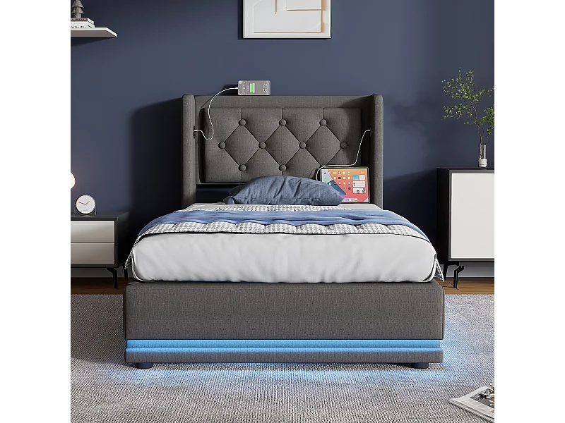 Lit coffre 90x200 cm - lit capitonné avec chargement USB Type-C et lumière LED - coton - gris - sans matelas