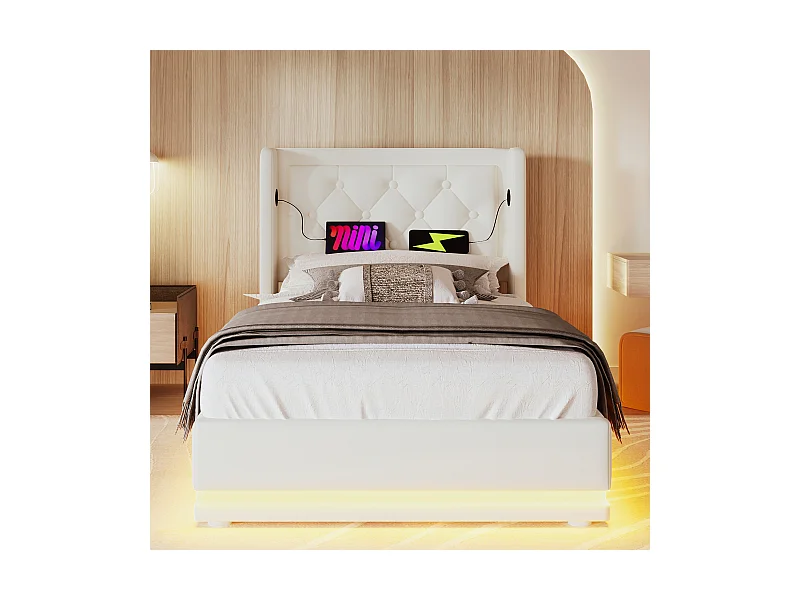 Lit coffre 90x200 cm - Lit double capitonné avec fonction de chargement USB Type-C et fonction LED sur trois côtés - PU - blanc - sans matelas