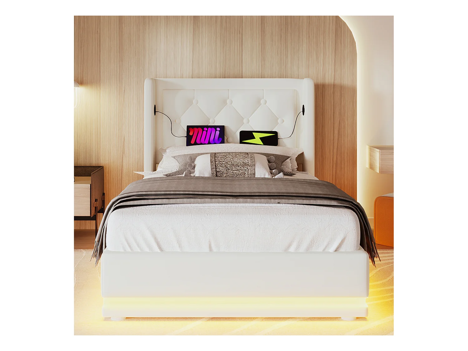Lit coffre 90x200 cm - Lit double capitonné avec fonction de chargement USB Type-C et fonction LED sur trois côtés - PU - blanc - sans matelas
