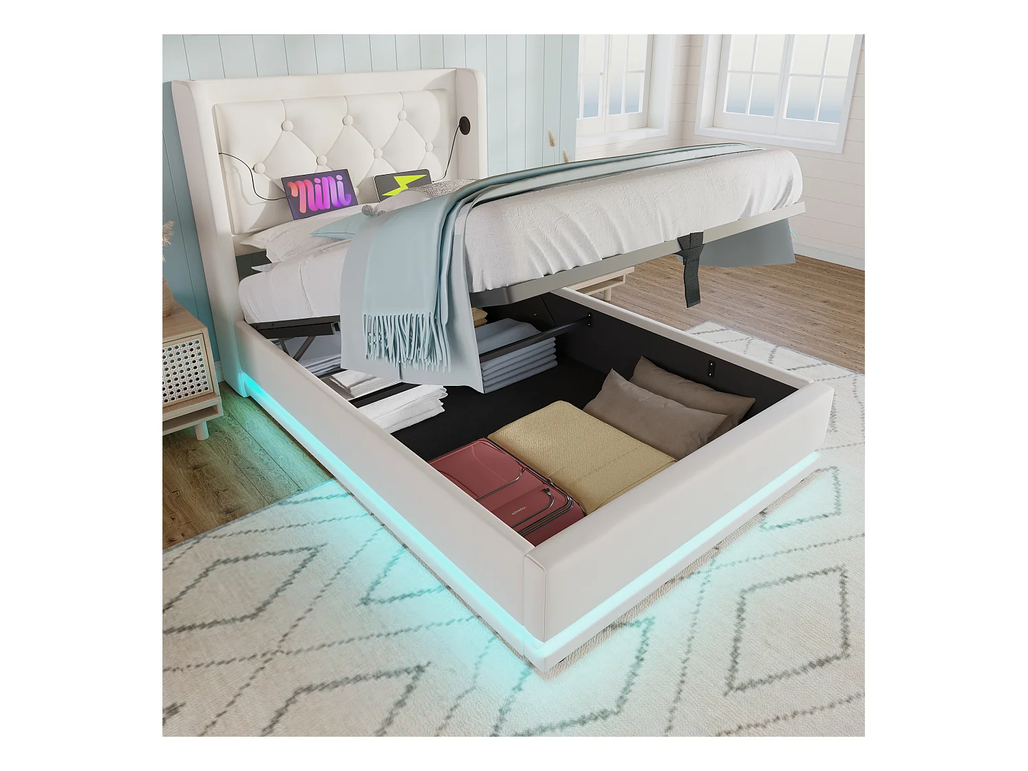 Lit coffre 90x200 cm - Lit double capitonné avec fonction de chargement USB Type-C et fonction LED sur trois côtés - PU - blanc - sans matelas