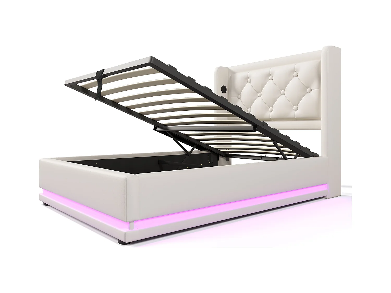 Lit coffre 90x200 cm - Lit double capitonné avec fonction de chargement USB Type-C et fonction LED sur trois côtés - PU - blanc - sans matelas