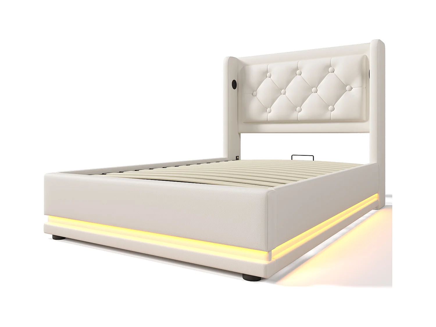 Lit coffre 90x200 cm - Lit double capitonné avec fonction de chargement USB Type-C et fonction LED sur trois côtés - PU - blanc - sans matelas