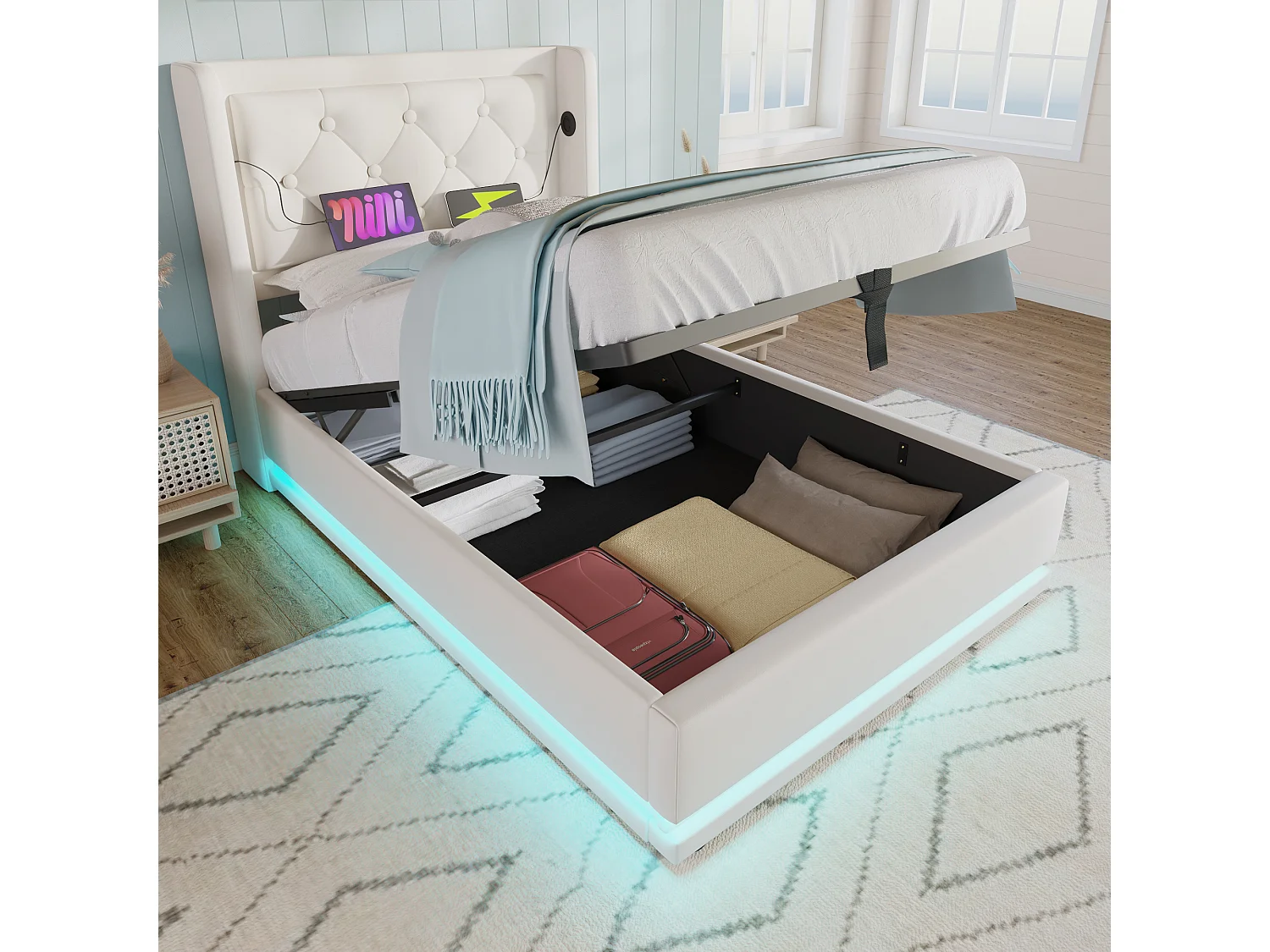 Lit coffre 90x200 cm - Lit double capitonné avec fonction de chargement USB Type-C et fonction LED sur trois côtés - PU - blanc - sans matelas