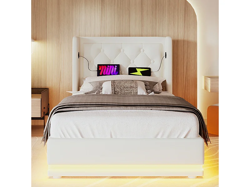 Lit coffre 90x200 cm - Lit double capitonné avec fonction de chargement USB Type-C et fonction LED sur trois côtés - PU - blanc - sans matelas