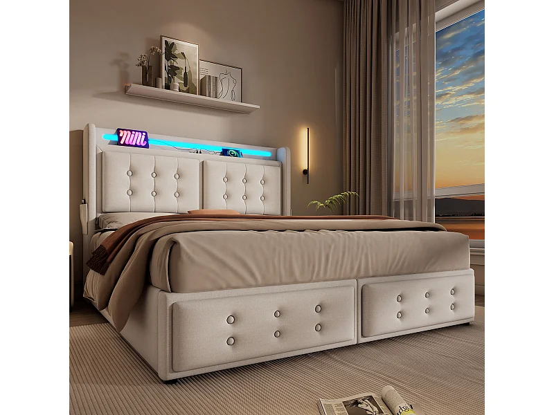 Lit coffre 160x200 cm - lit capitonné avec tête de lit LED et fonction de charge USB C - coton - beige - sans matelas