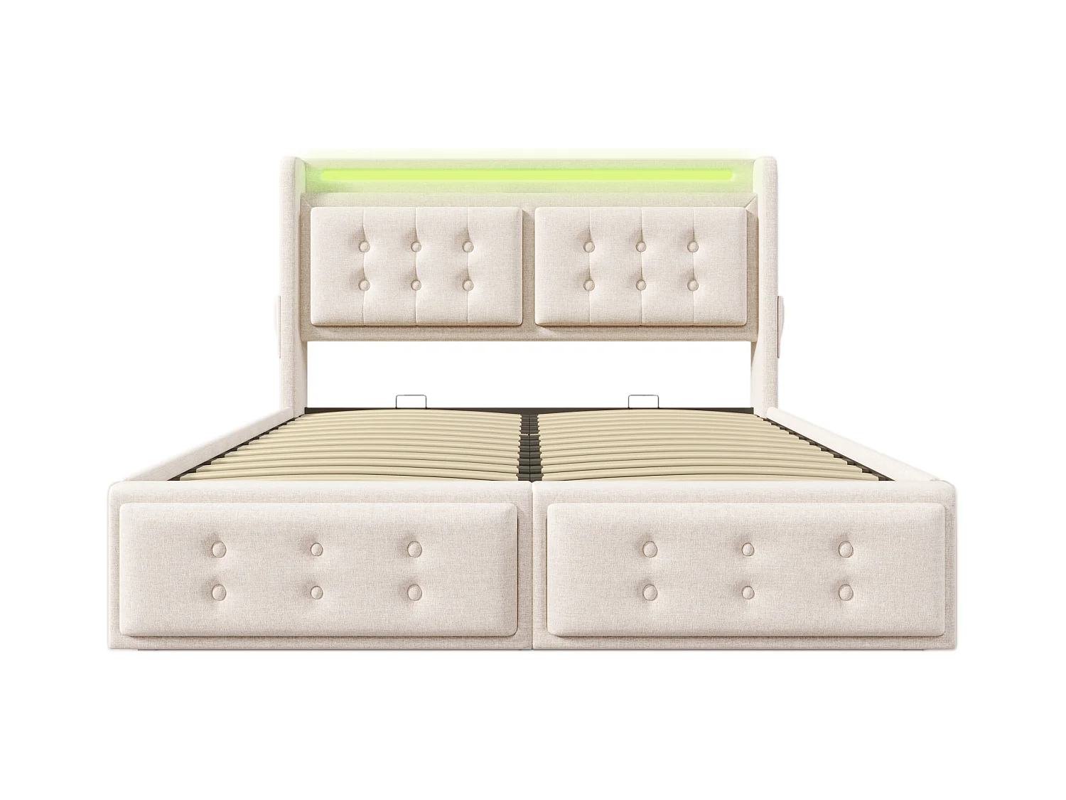 Lit coffre 160x200 cm - lit capitonné avec tête de lit LED et fonction de charge USB C - coton - beige - sans matelas