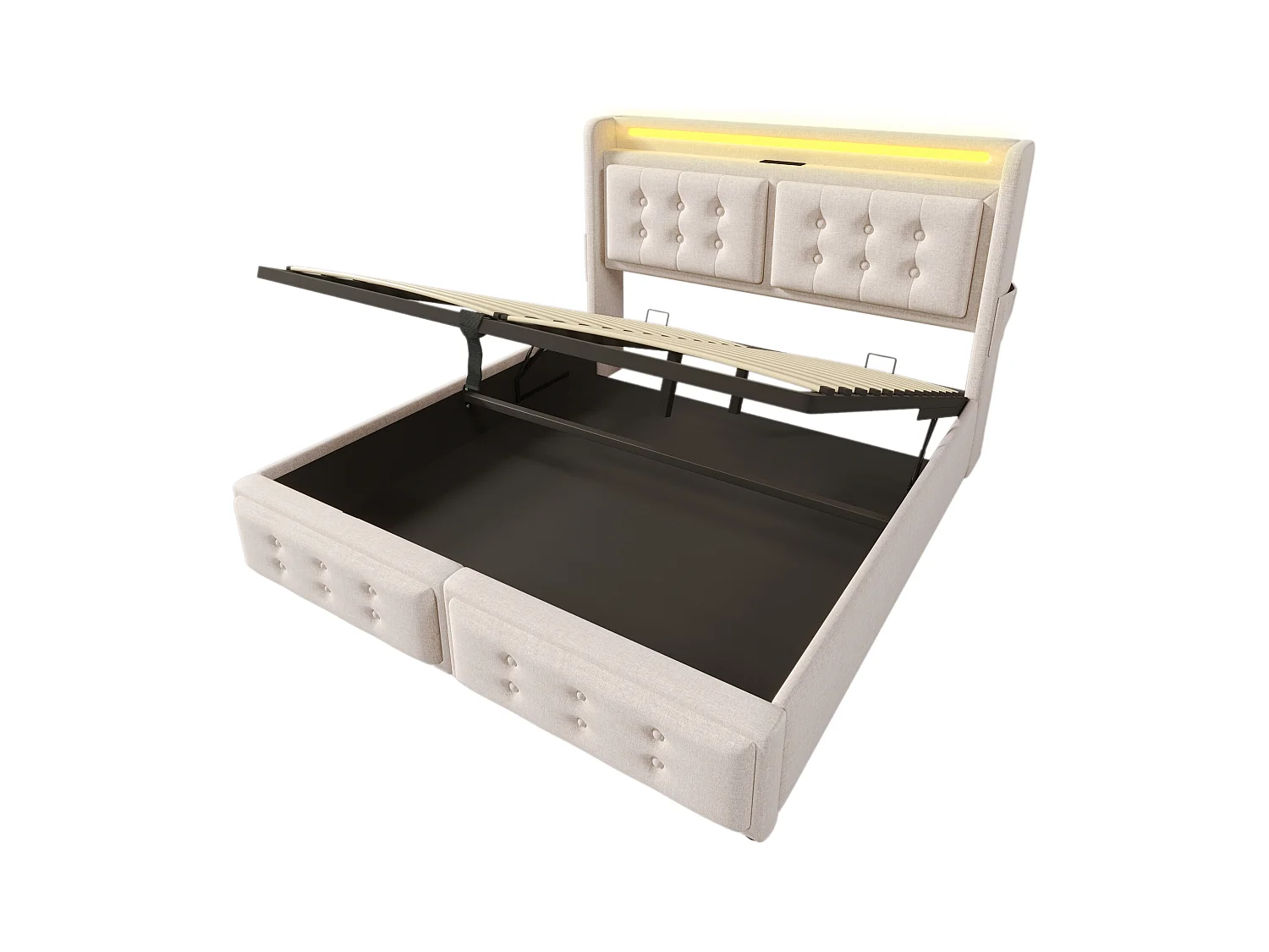 Lit coffre 160x200 cm - lit capitonné avec tête de lit LED et fonction de charge USB C - coton - beige - sans matelas