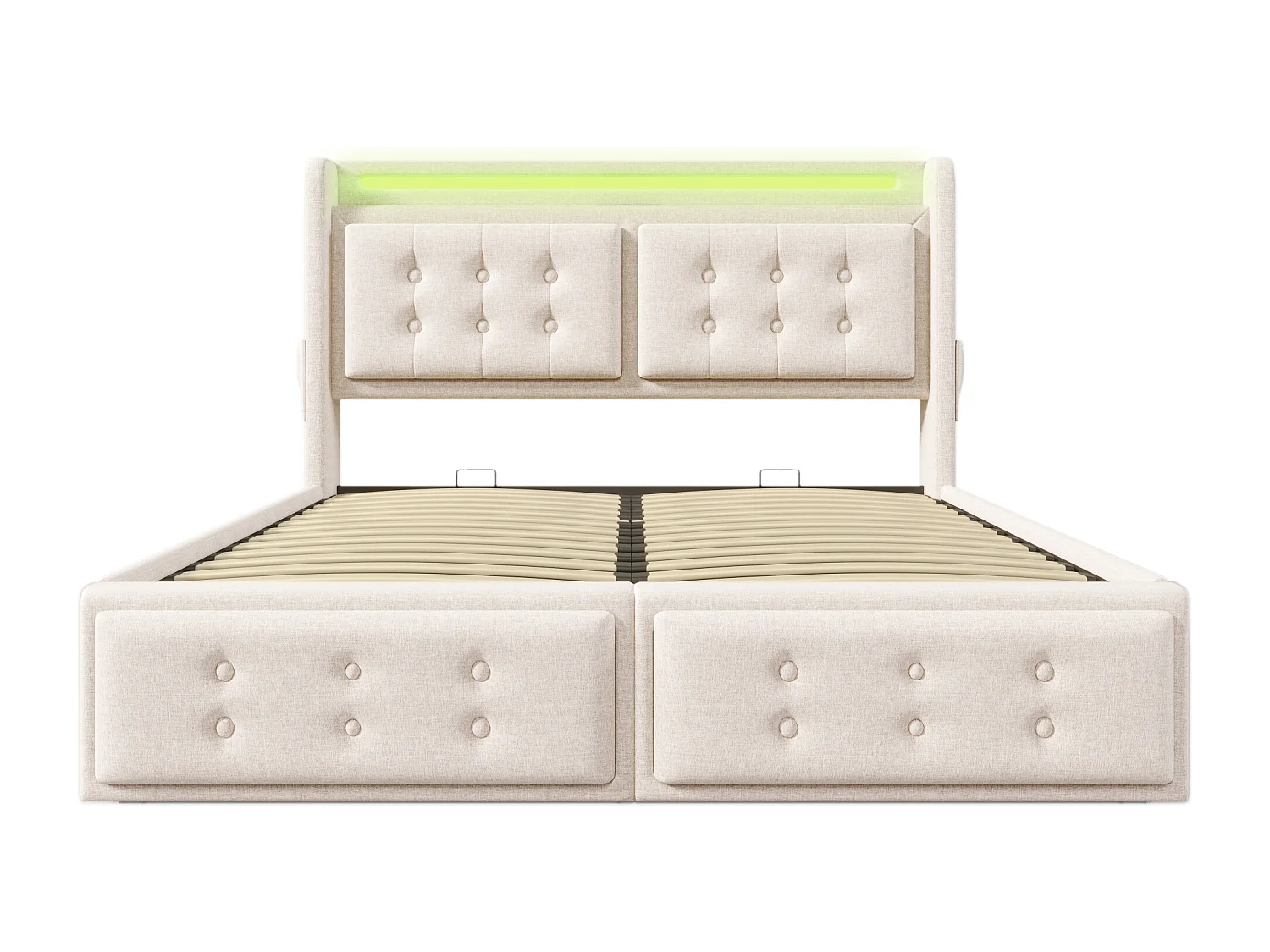 Lit coffre 160x200 cm - lit capitonné avec tête de lit LED et fonction de charge USB C - coton - beige - sans matelas