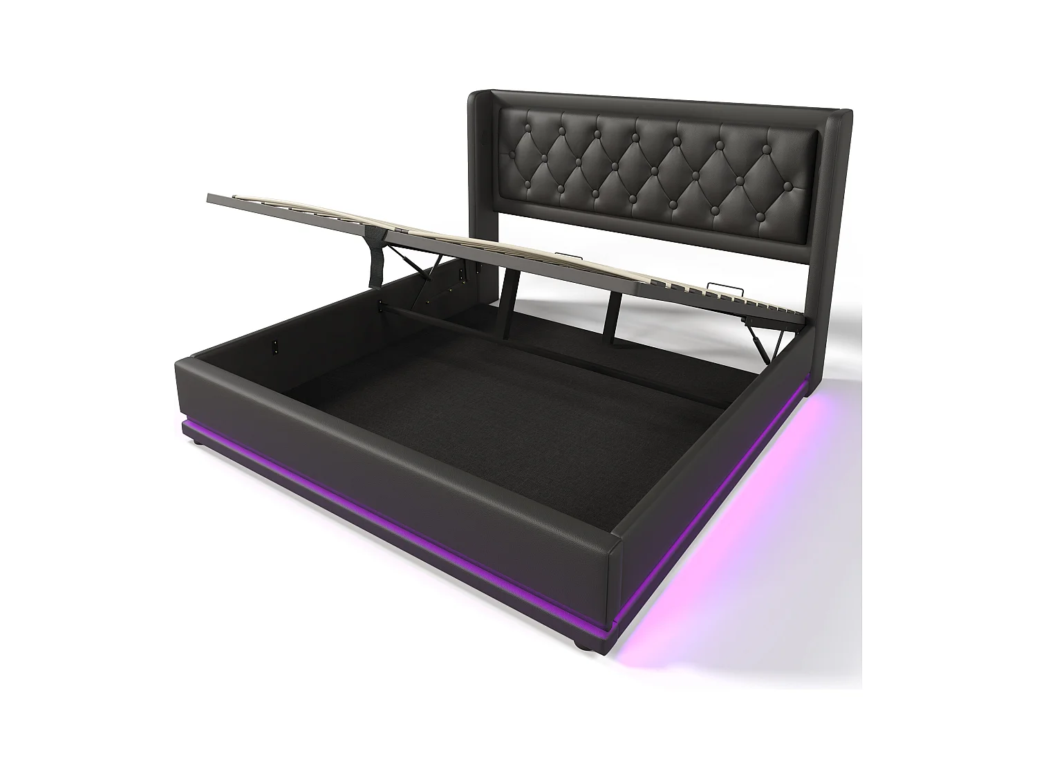 Lit coffre 160x200 cm - Lit double capitonné avec fonction de chargement USB Type-C et fonction LED sur trois côtés - PU - noir - sans matelas