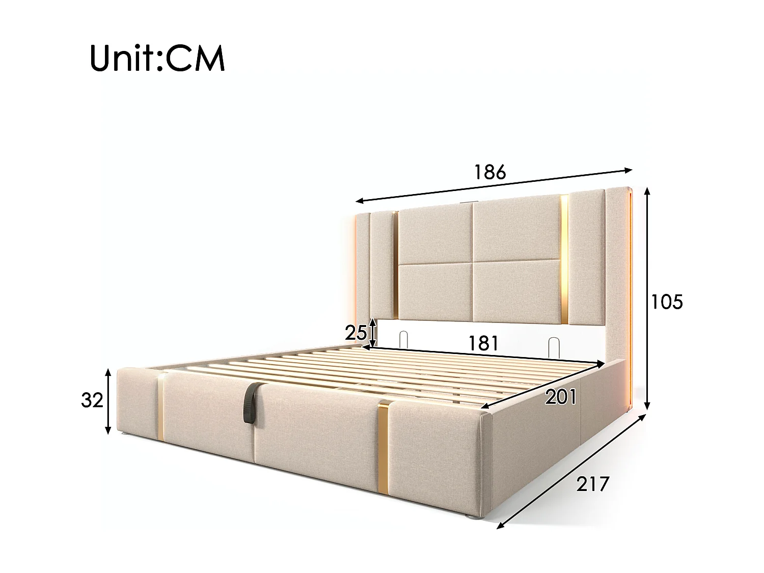Lit coffre 180x200 cm - lit adulte avec chargement USB Type C et LED - lin - beige - sans matelas