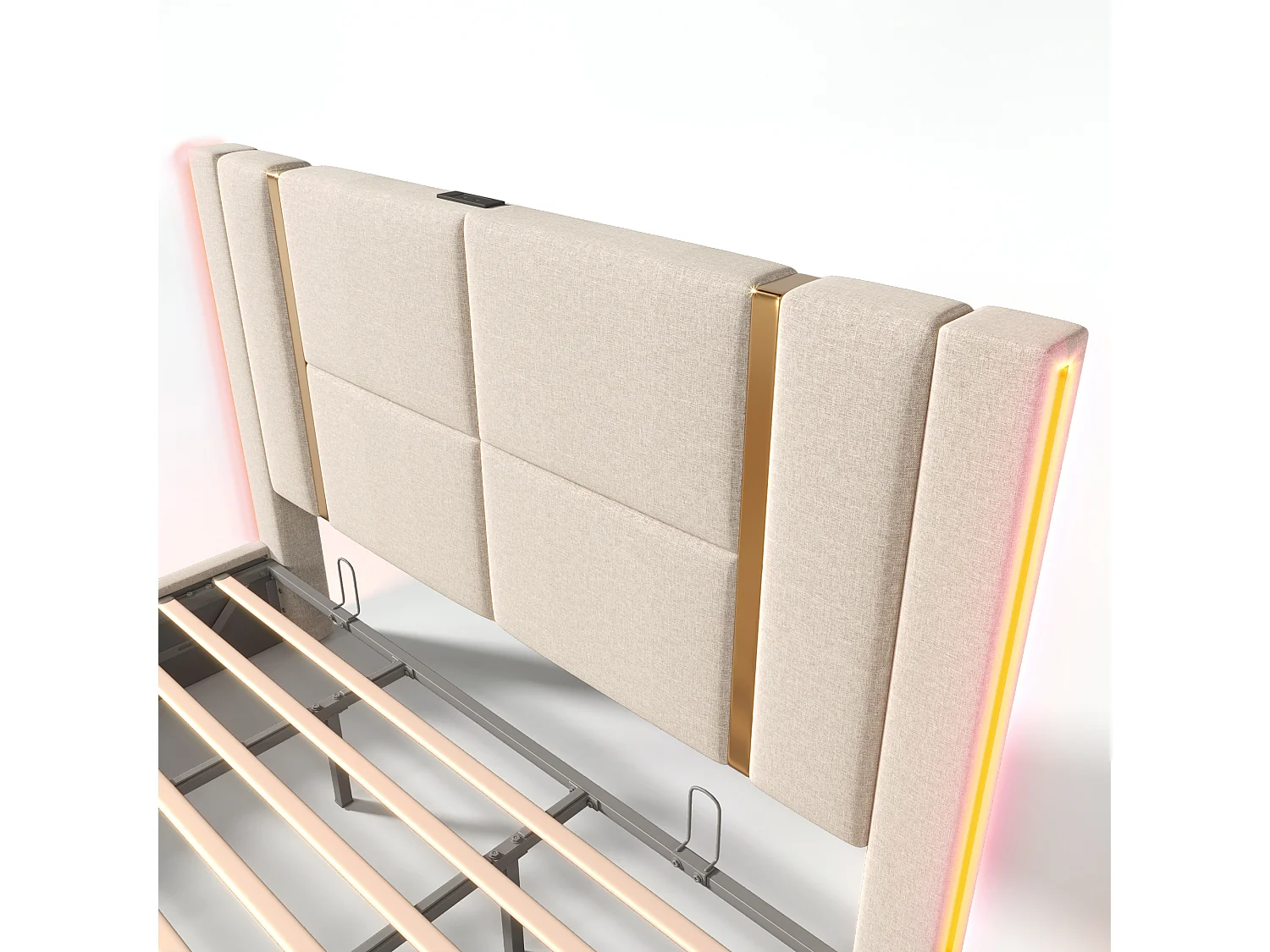 Lit coffre 180x200 cm - lit adulte avec chargement USB Type C et LED - lin - beige - sans matelas