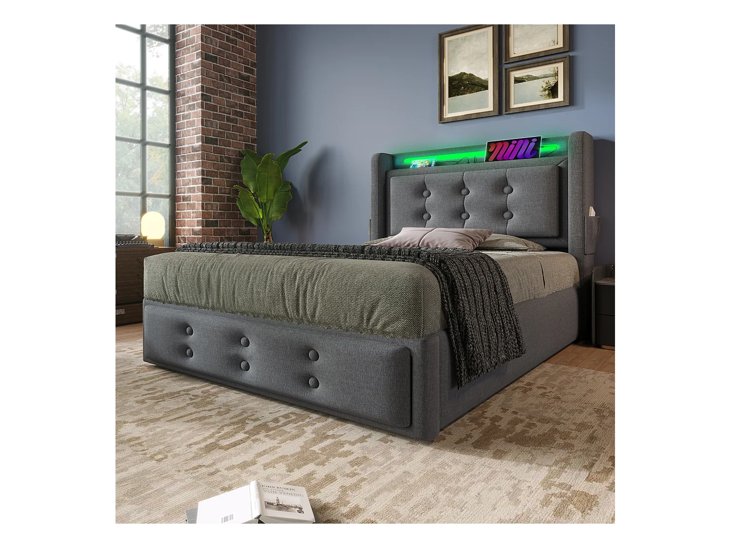 Lit coffre 90x200 cm - lit capitonné avec tête de lit LED et fonction de charge USB C - coton - gris - sans matelas