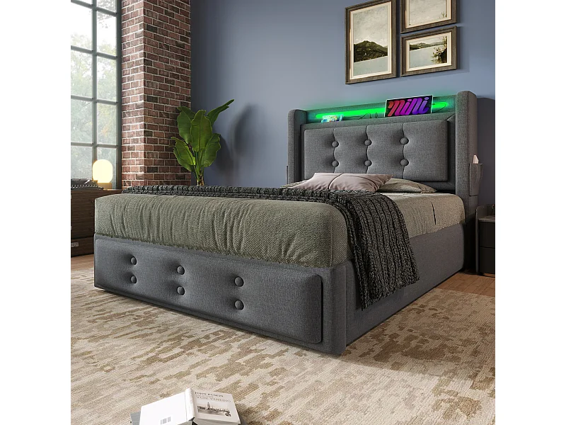 Lit coffre 90x200 cm - lit capitonné avec tête de lit LED et fonction de charge USB C - coton - gris - sans matelas