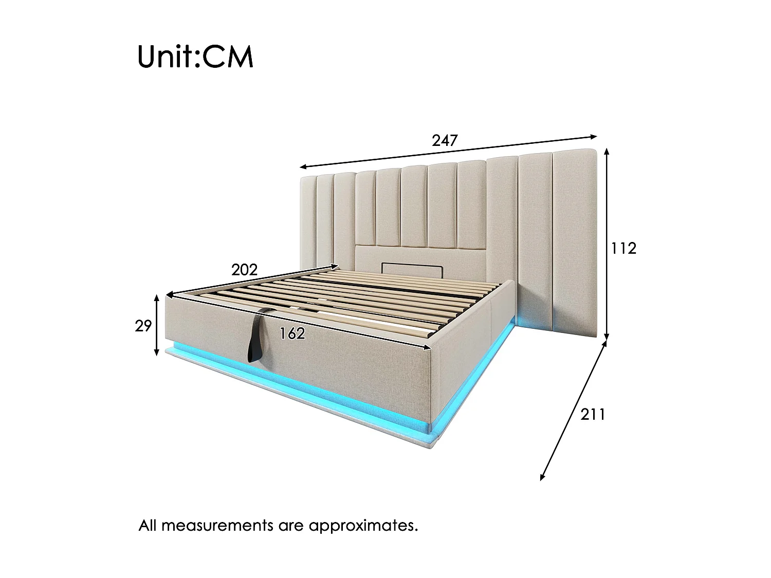 Lit coffre 160x200 cm - lit capitonné double avec LED et fonction de charge USB-C - lin - beige - sans matelas ni chevets