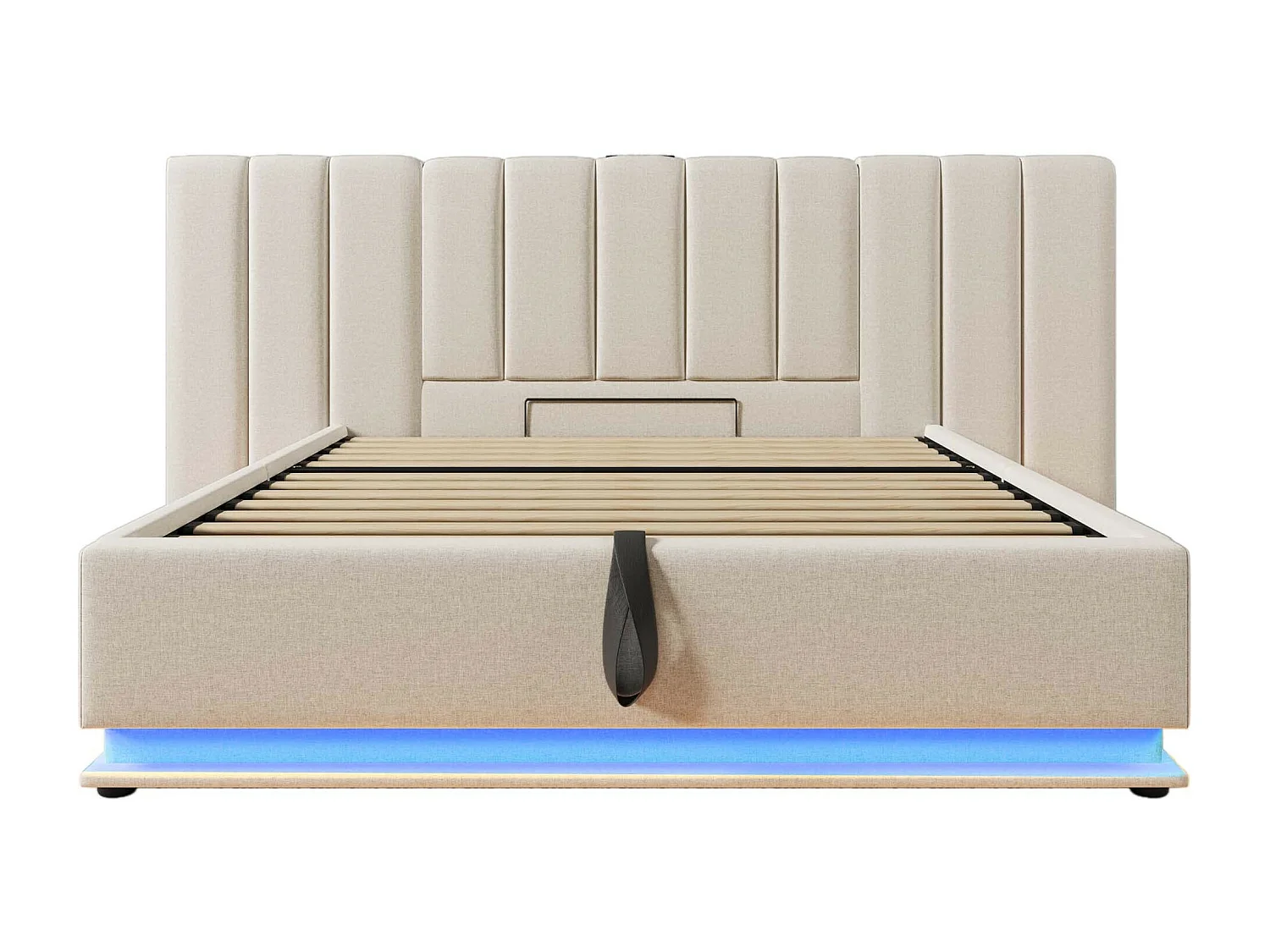 Lit coffre 160x200 cm - lit capitonné double avec LED et fonction de charge USB-C - lin - beige - sans matelas ni chevets