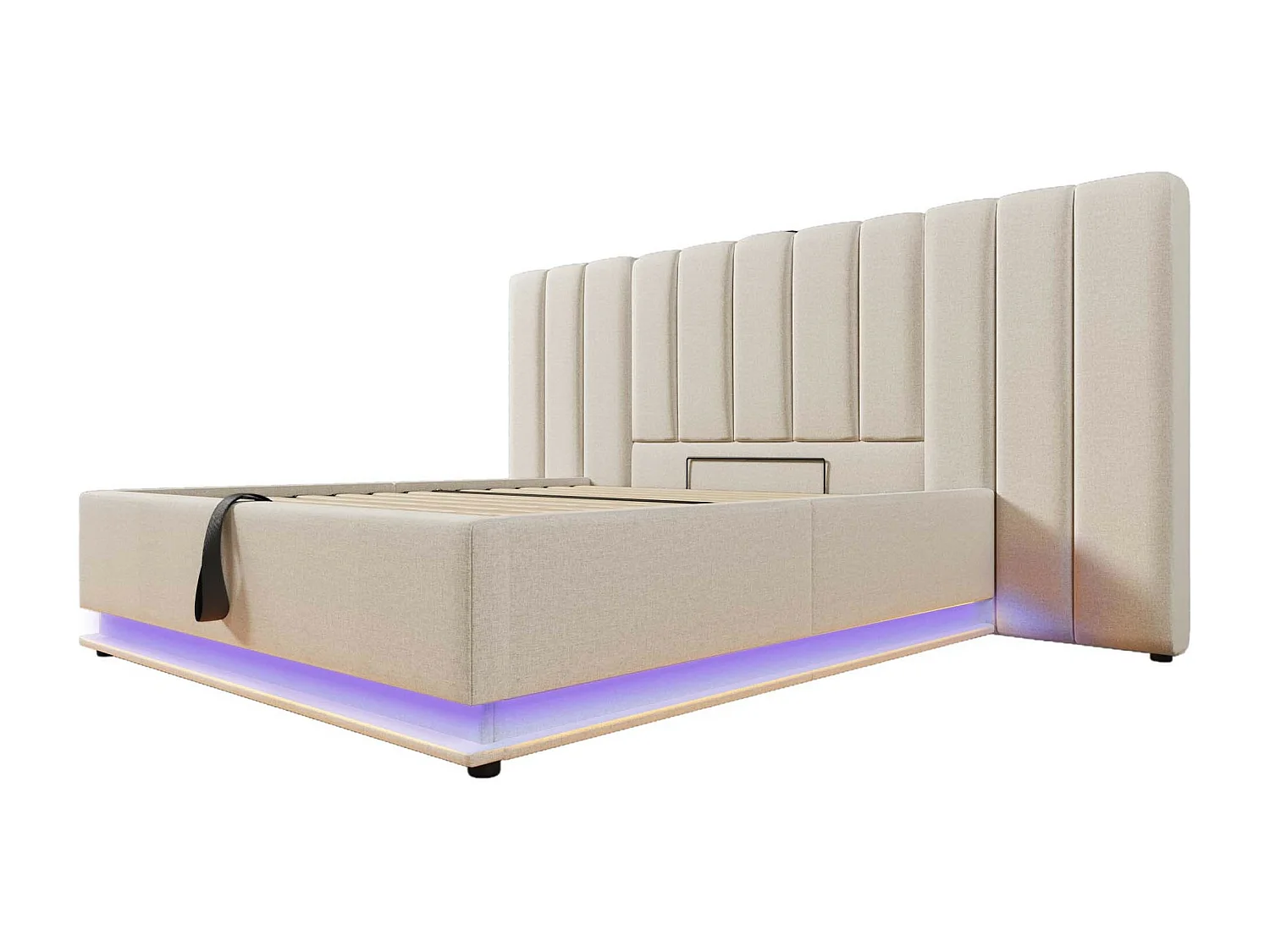 Lit coffre 160x200 cm - lit capitonné double avec LED et fonction de charge USB-C - lin - beige - sans matelas ni chevets