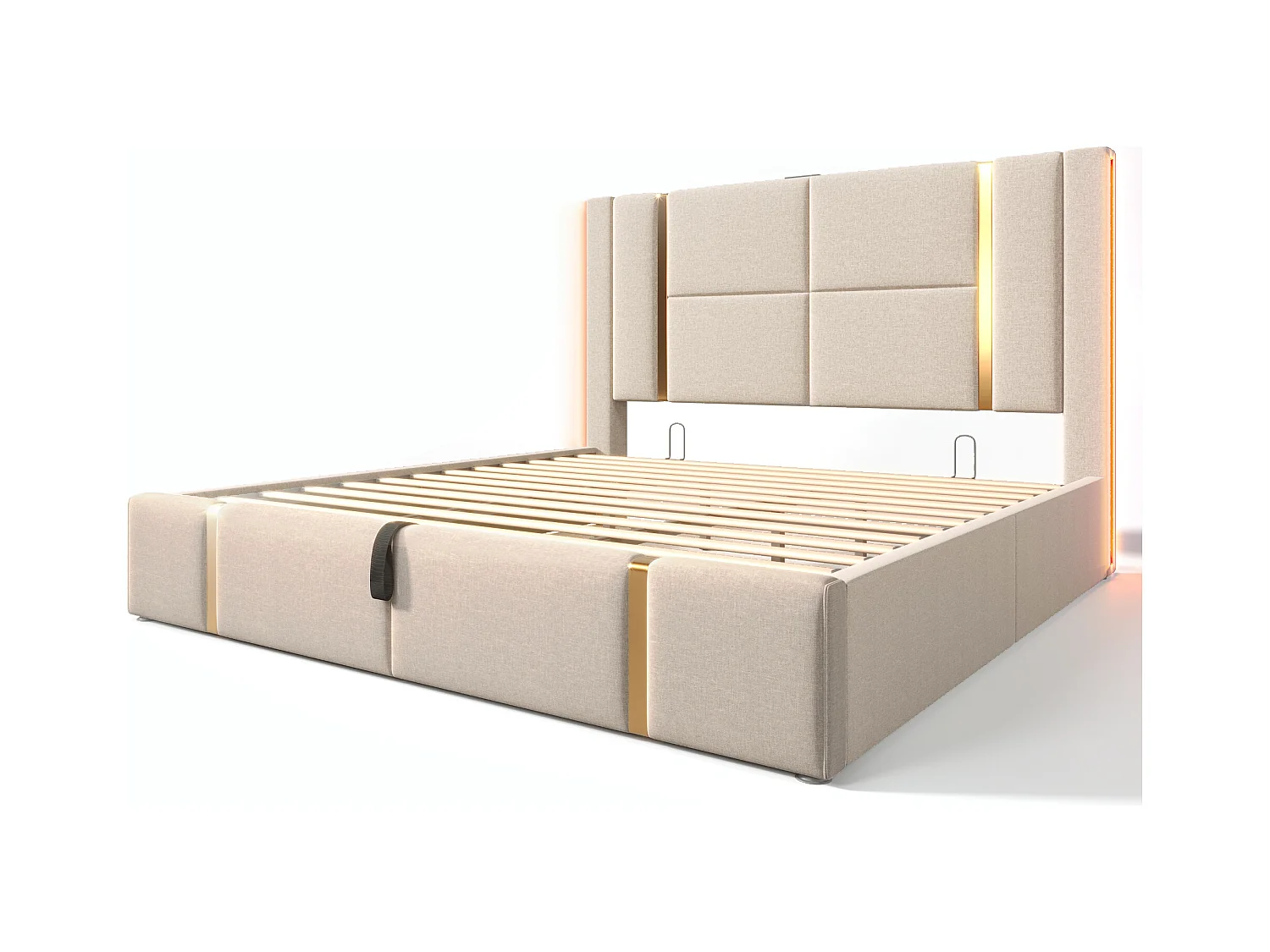 Lit coffre 140x200 cm - lit adulte avec chargement USB Type C et LED - lin - beige - sans matelas