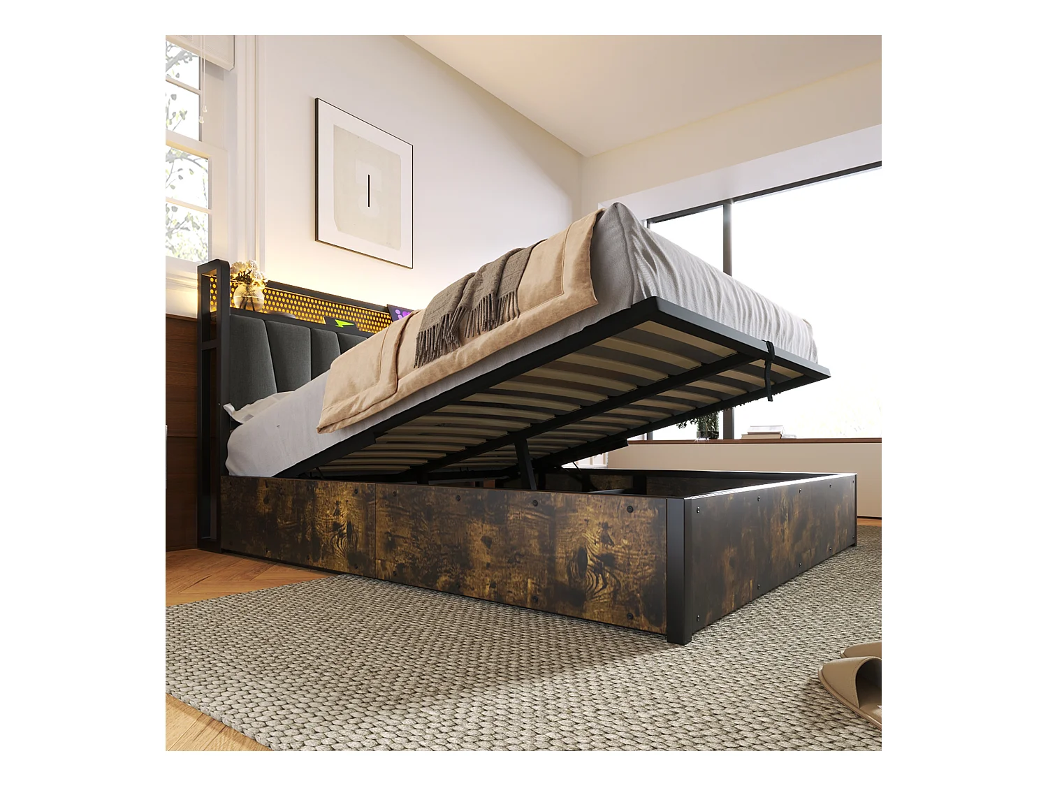 Lit coffre 140x200 cm - lit capitonné en métal avec recharge USB et éclairage LED - lin - gris - sans matelas