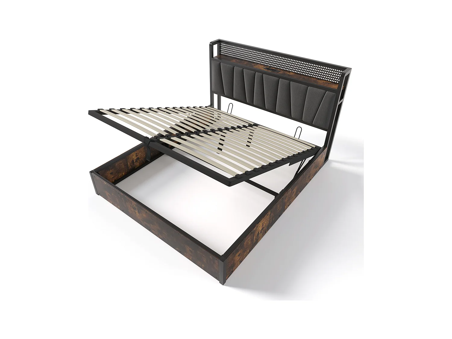 Lit coffre 140x200 cm - lit capitonné en métal avec recharge USB et éclairage LED - lin - gris - sans matelas